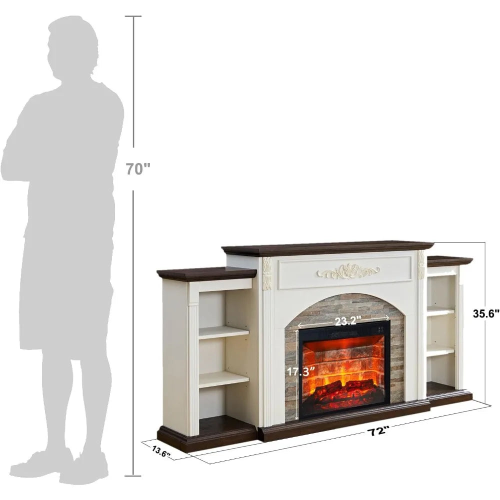 72" Electric Fireplace with Mantel, Farmhouse TV Stand for TVs Up to 80 Inch, White Entertainment Center with Storage for Bedroo