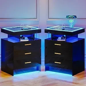 2 Set Nightstands with Wireless Charging Station and LED light