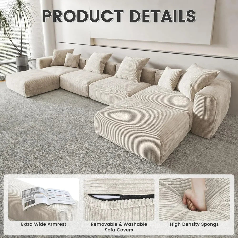 141.73" Modular Sectional Sofa Couch, Corduroy Fabric Couches with 5 Pillows, Oversized Sectional Sofas for Living Room, Sofa