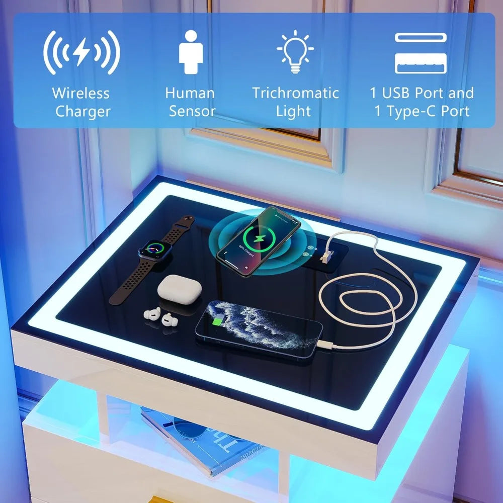 2 Set Nightstands with Wireless Charging Station and LED light