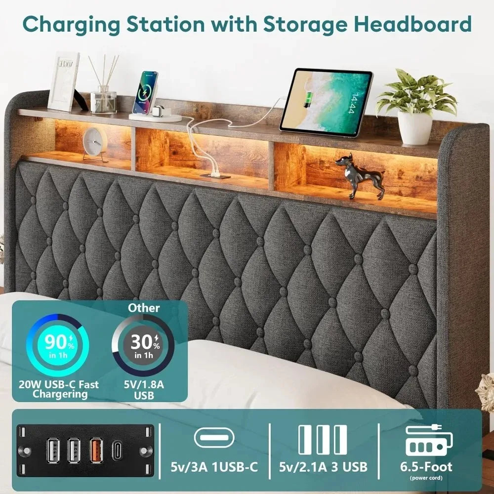 Lift Up Platform Bed Frame with LED Lights & Charging