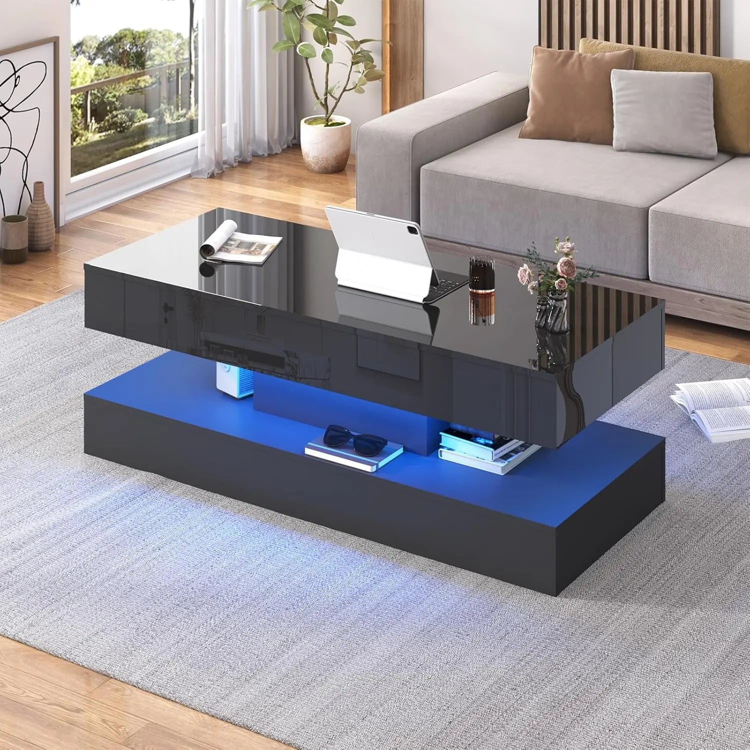 Stylish LED light Coffee Table with 2 Storage Drawers