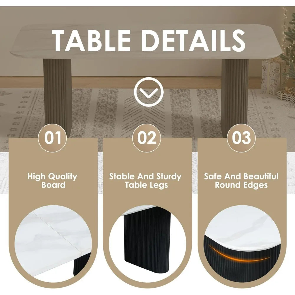 Modern Dining Table Set for 6, Faux Marble Dining Table & 6 Black Upholstered Boucle Chairs, 7 Piece Kitchen Table Chairs Set