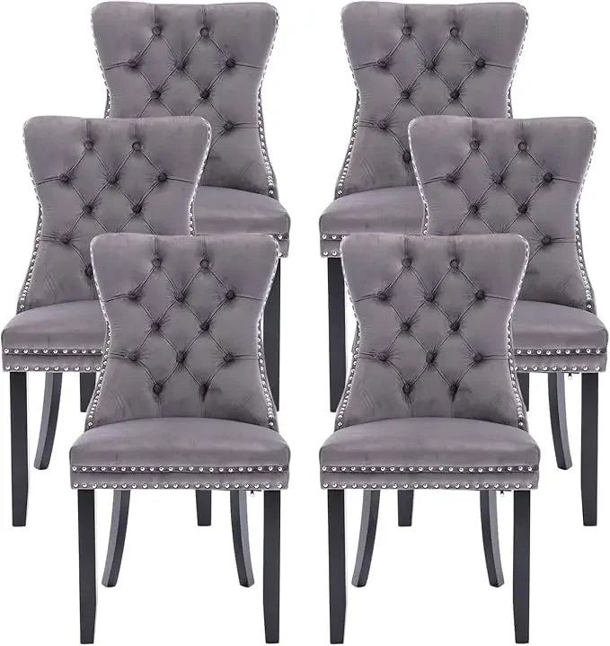 Leather Dining Chairs Set of 6, Upholstered Dining Chair with Nailhead Trim and Solid Wood Legs, Luxury Wingback Dining Side