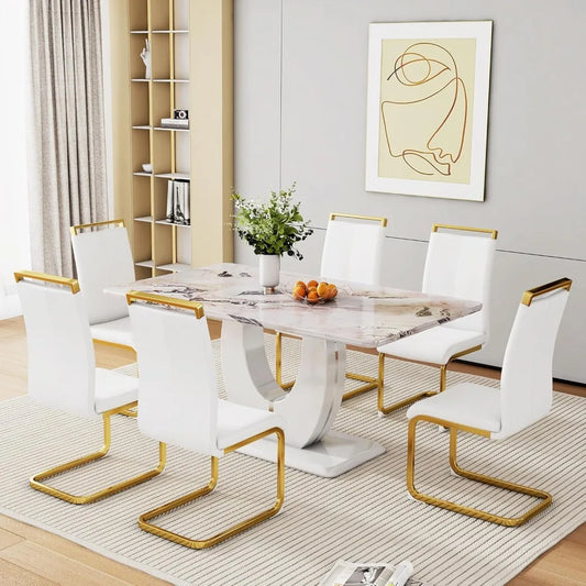 Dining Table Set for 6, with 63 Inch Marble Dinner Table Leather Upholstered Chairs,  Modern Dining Room Set