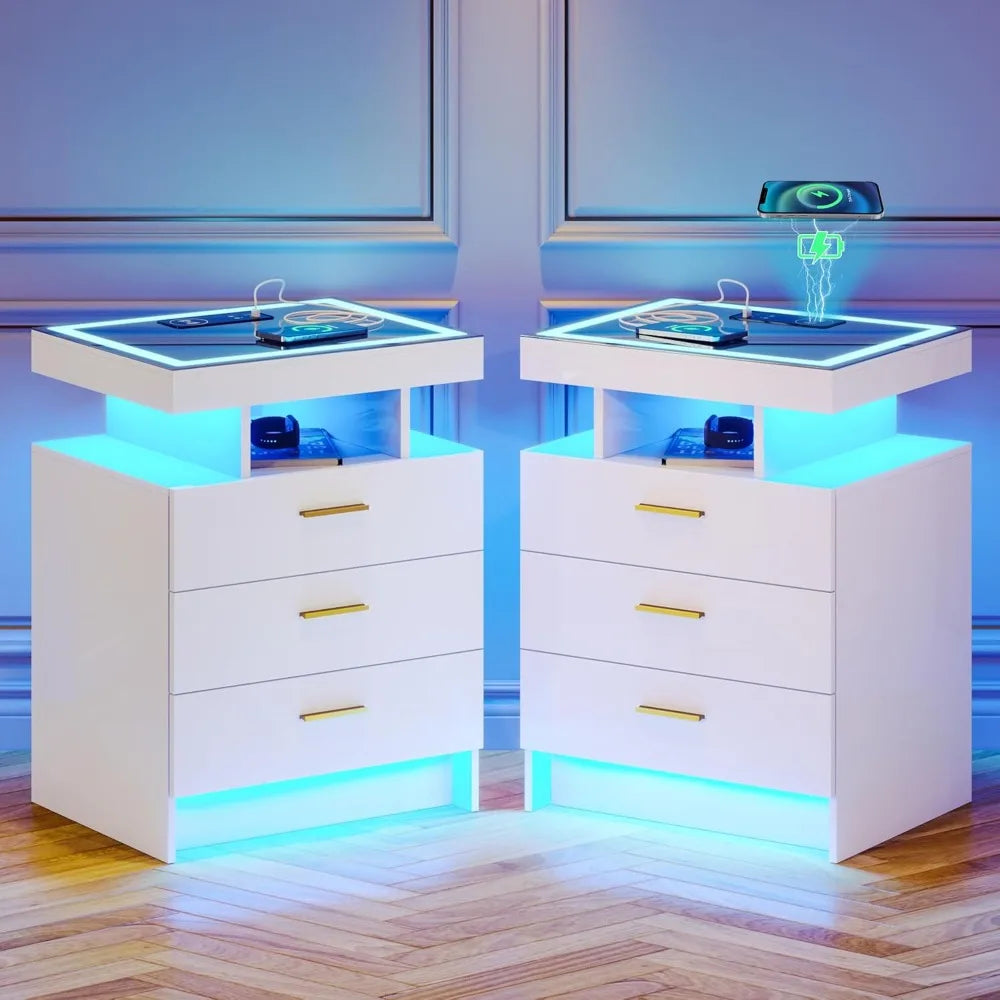2 Set Nightstands with Wireless Charging Station and LED light