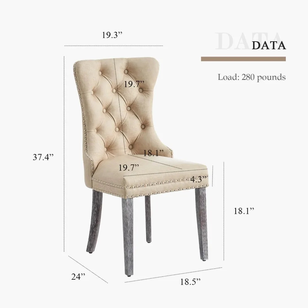 Leather Dining Chair Set of 6, Dining Room Chairs with Nailhead Ring Pull Trim, Upholstered Dining Chairs with Solid Wood Legs