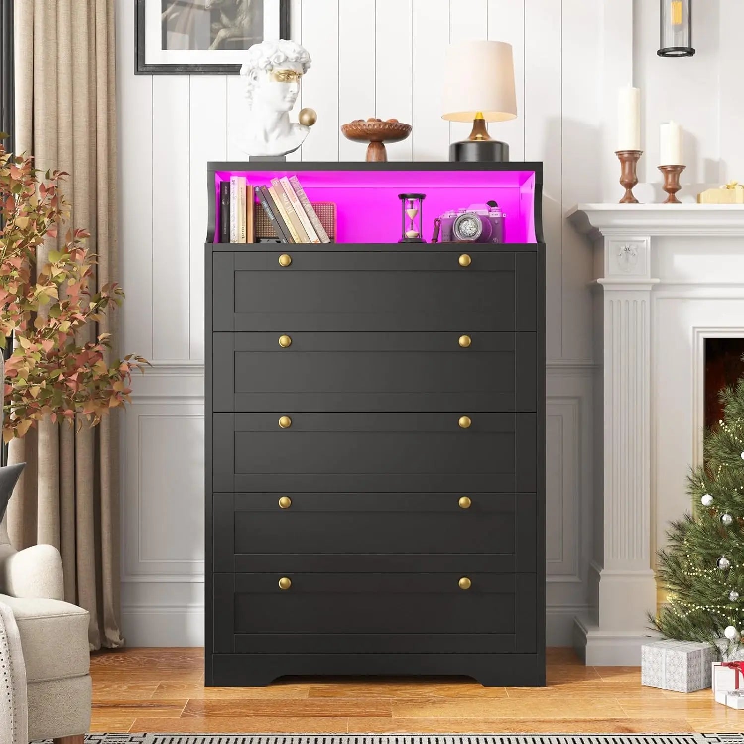 Tall Dresser with LED Lights and 2 Shelves