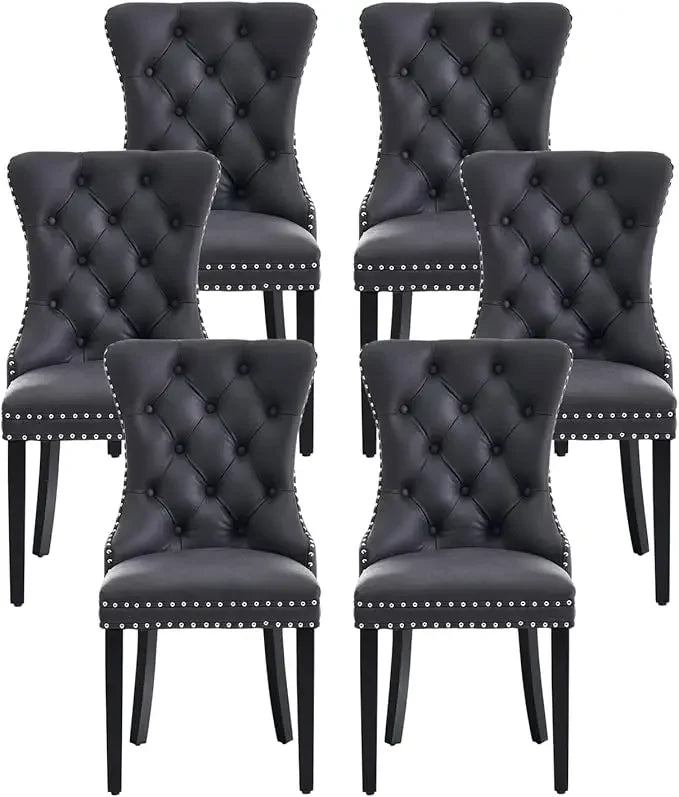 Leather Dining Chairs Set of 6, Upholstered Dining Chair with Nailhead Trim and Solid Wood Legs, Luxury Wingback Dining Side