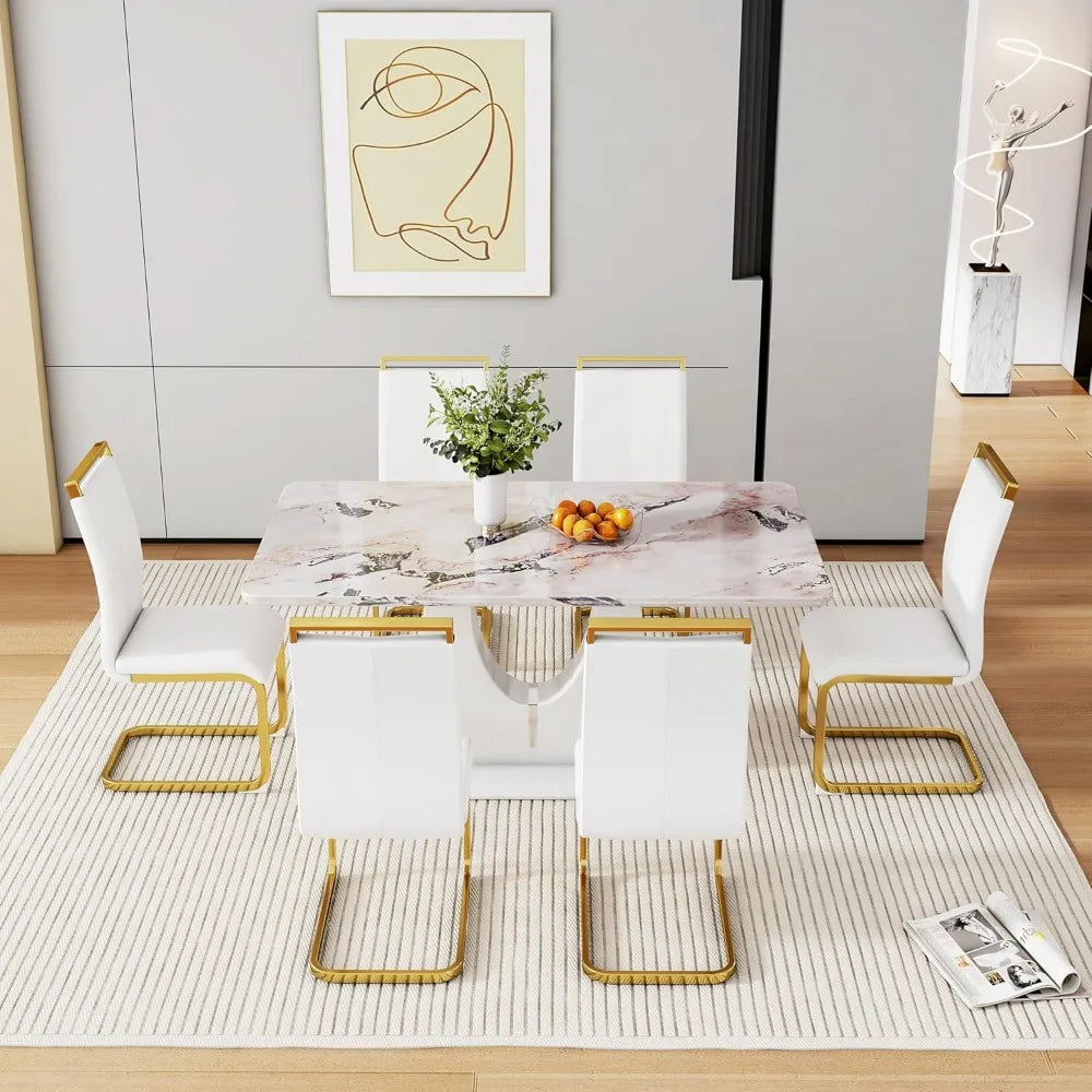 Dining Table Set for 6, with 63 Inch Marble Dinner Table Leather Upholstered Chairs,  Modern Dining Room Set