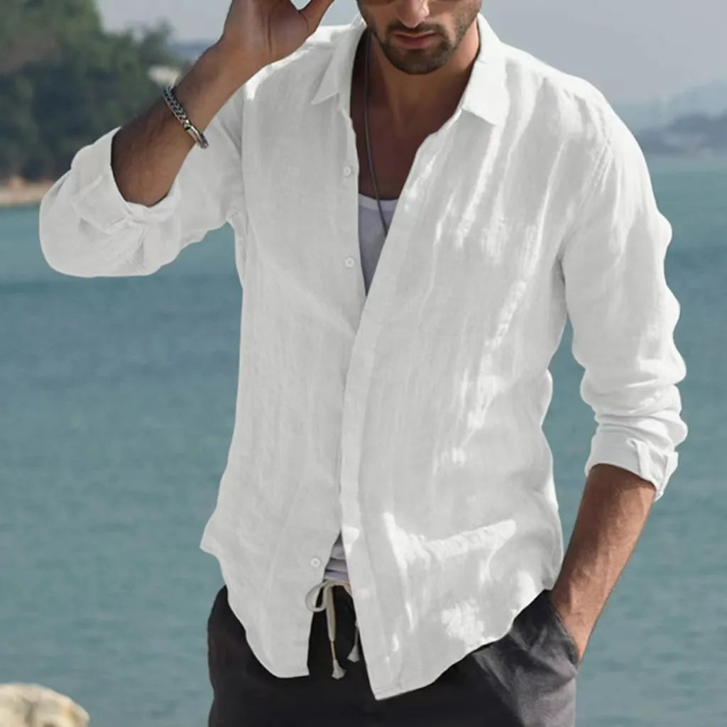 Men Summer New Solid Linen  Long Sleeve Casual Shirt Single Breasted Collar Cotton Linen Lapel Tops Simplicity Long Sleeve Shirt