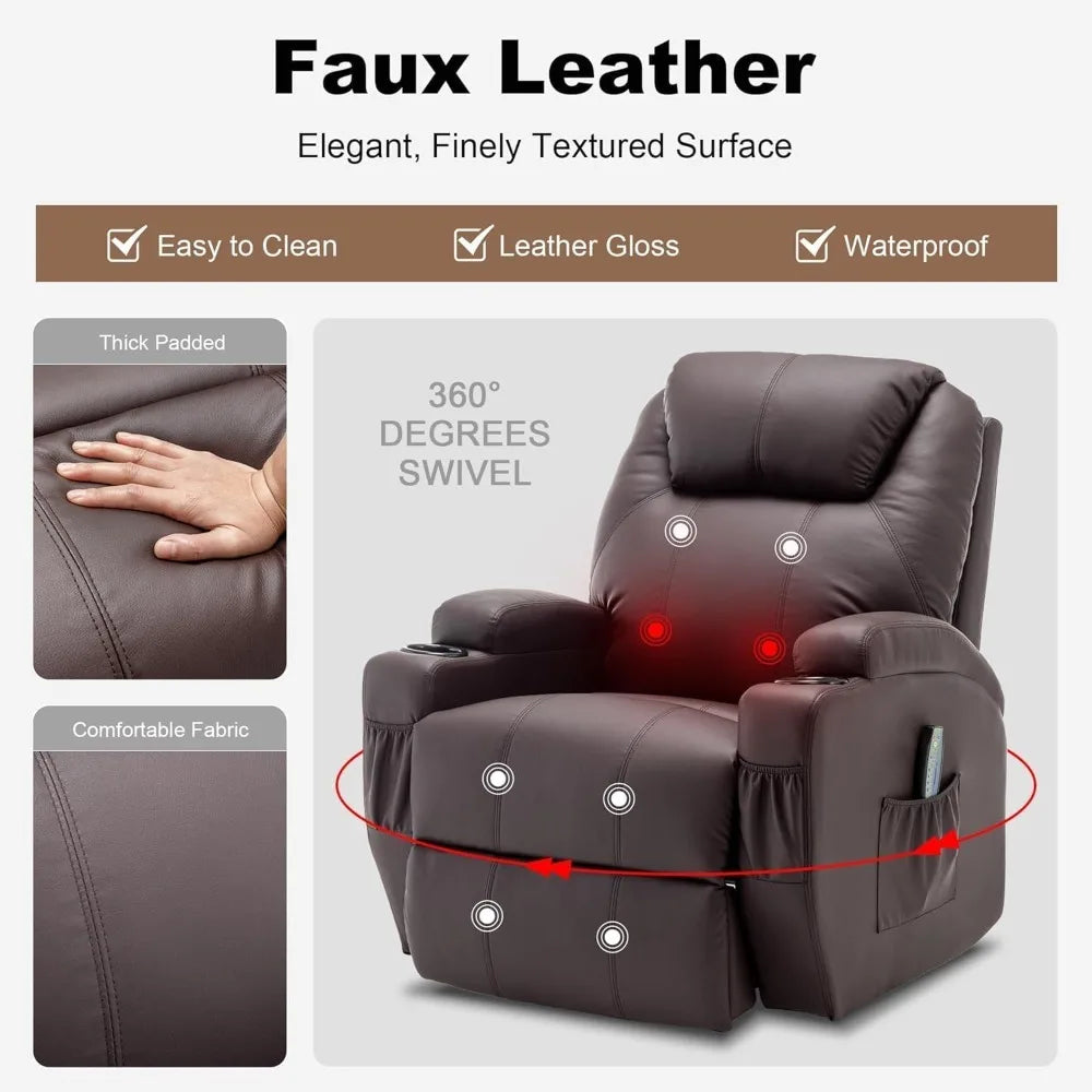 Rocker Recliner Chair with Massage and Heat, 360° Swivel Rocker Recliner with Remote Control and Cup Holder,  Recliner Chair