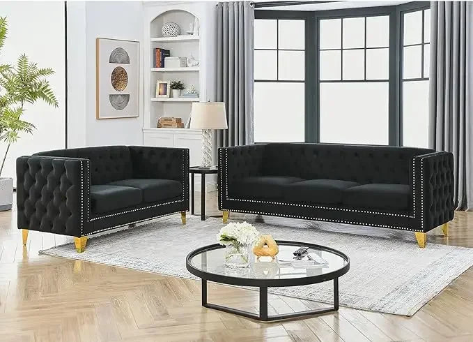 Velvet Living Room Sofa Set of 2, Comfy Loveseat and 3 Seater Couch, Modern Sofa with Tufted Back Upholstered Long Couch