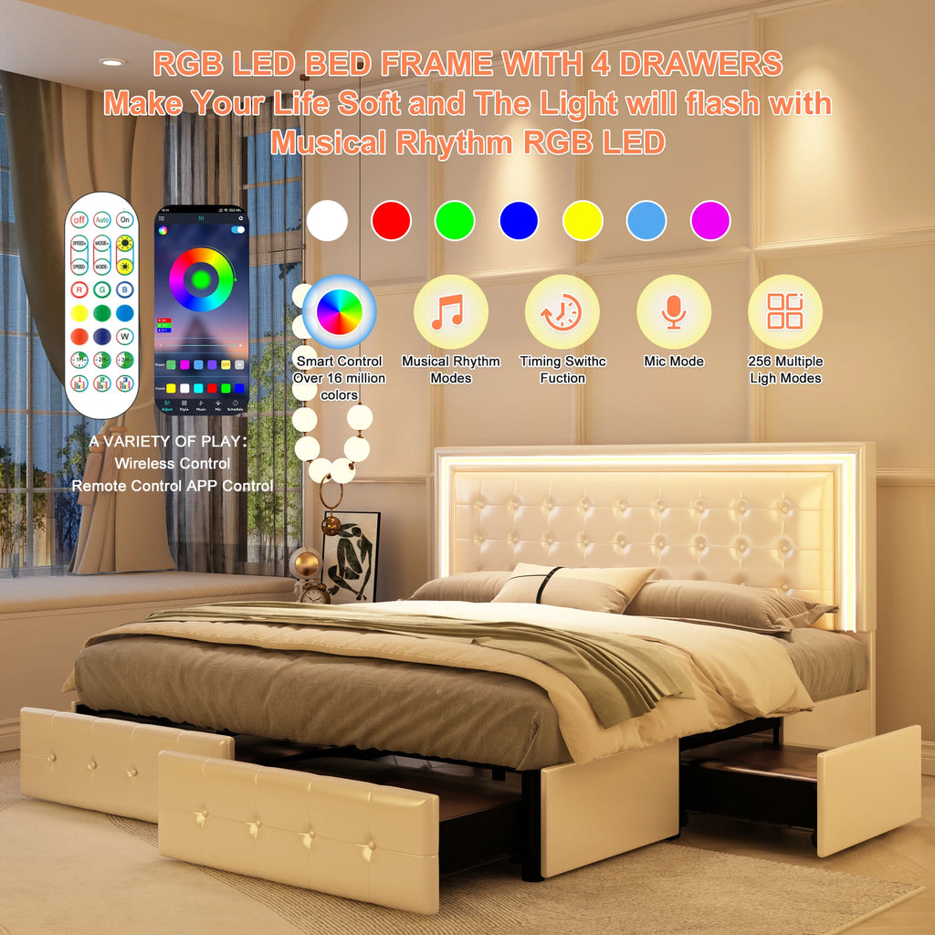 Queen LED Bed Frame with 4 Storage Drawers