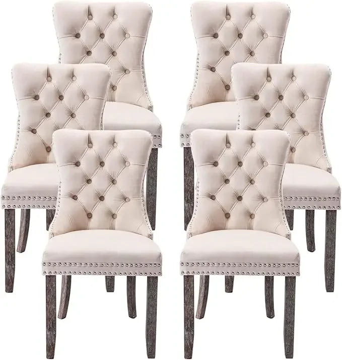 Leather Dining Chairs Set of 6, Upholstered Dining Chair with Nailhead Trim and Solid Wood Legs, Luxury Wingback Dining Side