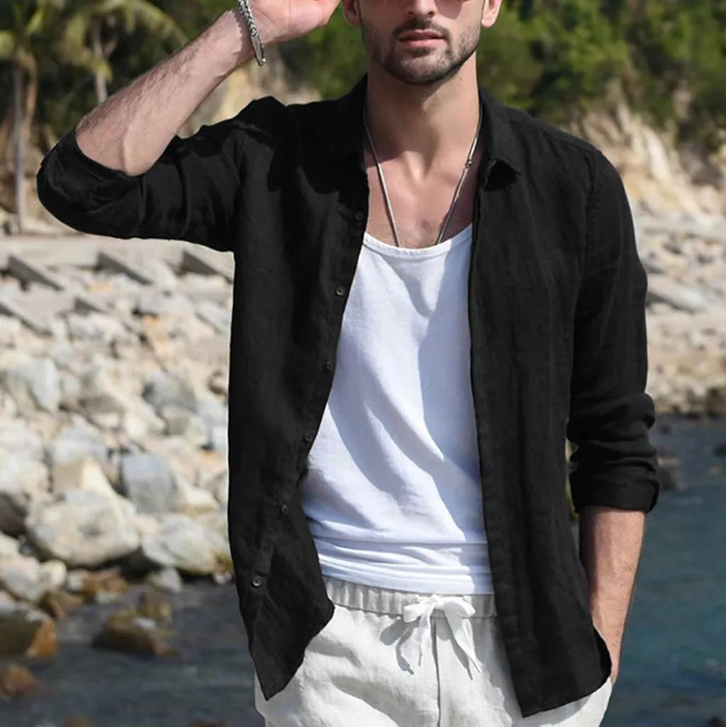 Men Summer New Solid Linen  Long Sleeve Casual Shirt Single Breasted Collar Cotton Linen Lapel Tops Simplicity Long Sleeve Shirt