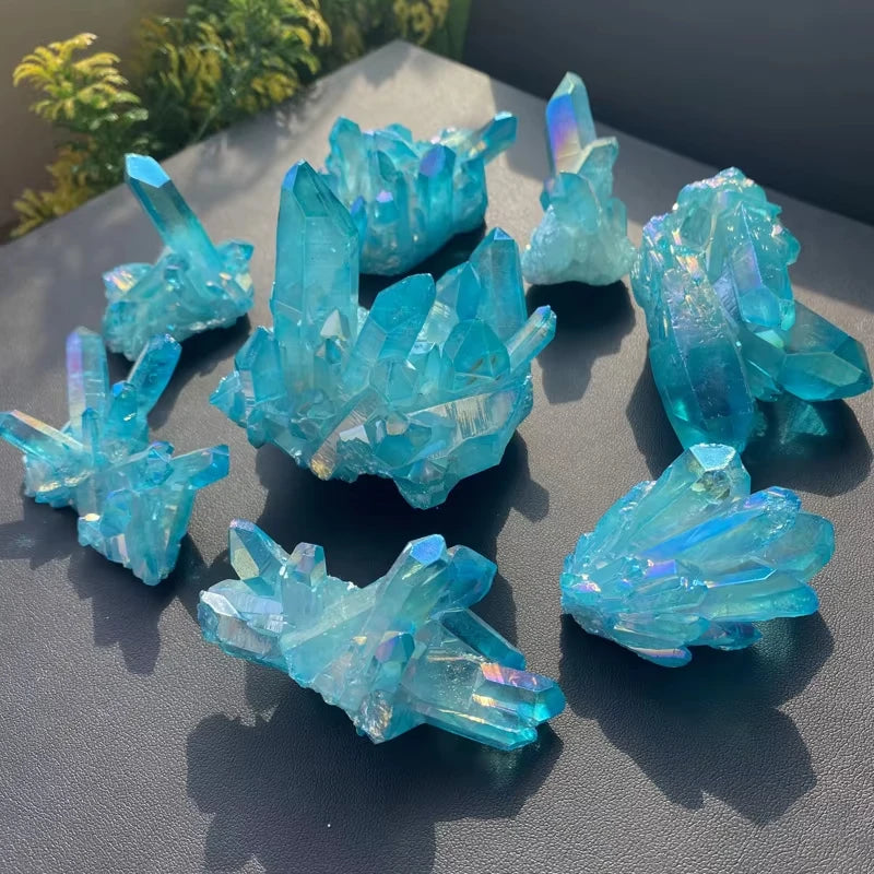 Sky Blue Quartz Natural Stones Electroplating Titanium Crystal Cluster Stone Specimens Cured Coating Healing Crystals Home Decor