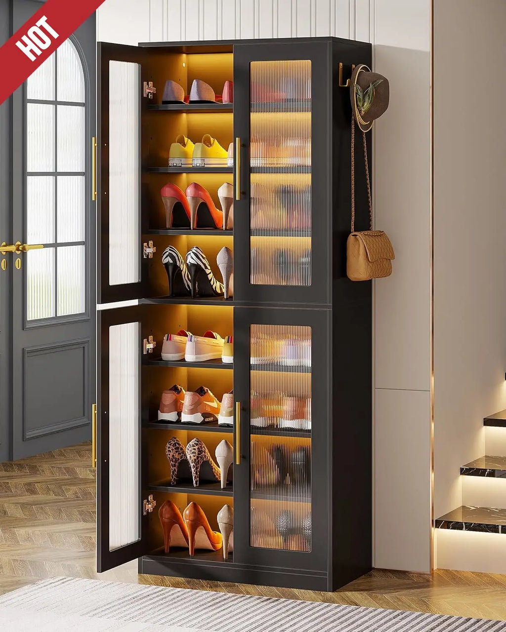 NEW Shoe Storage Cabinet with Acrylic Doors and LED Lights, 8-Tier