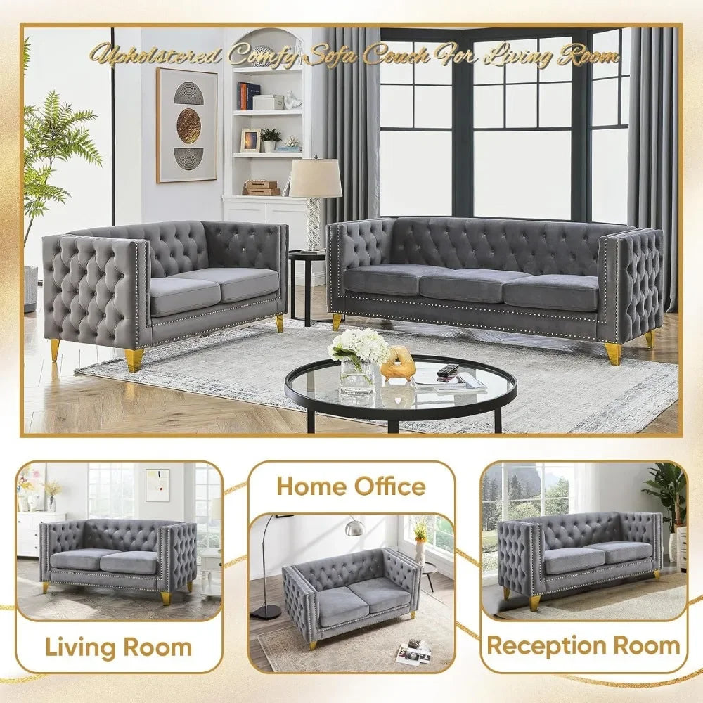 Velvet Living Room Sofa Set of 2, Comfy Loveseat and 3 Seater Couch, Modern Sofa with Tufted Back Upholstered Long Couch