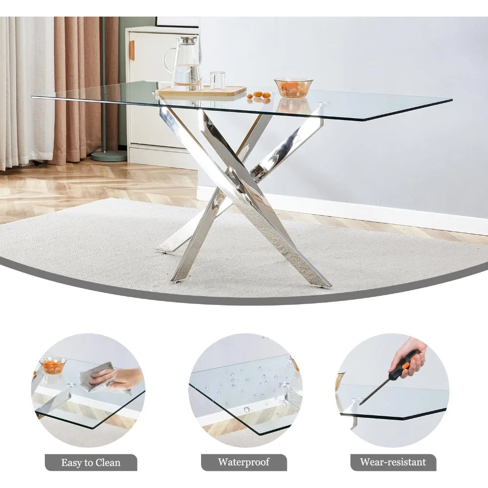 Dining Table Set for 6, Modern Tempered Glass Top Table and PU Leather Chairs, Black with Silver Base Dining Room Set