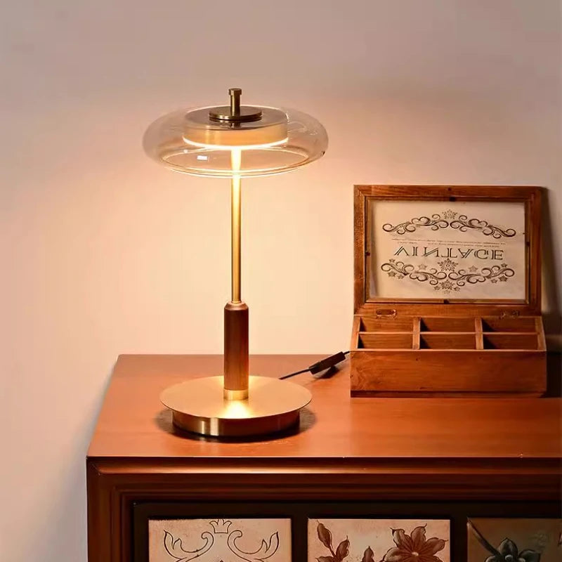 12W LED Copper Table Lamp Brightness Adjustable Living Room Study Bedside Night Light Brass Walnut Medieval Mushroom Desk Light