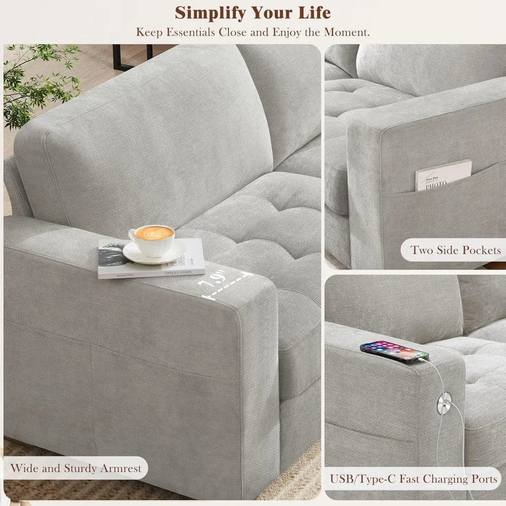 89" Modern Sofa for Living Room Apartment 3 People Seat, Deep Seat & Wide Armrest Chenille Sofa Couch with USB/Type-