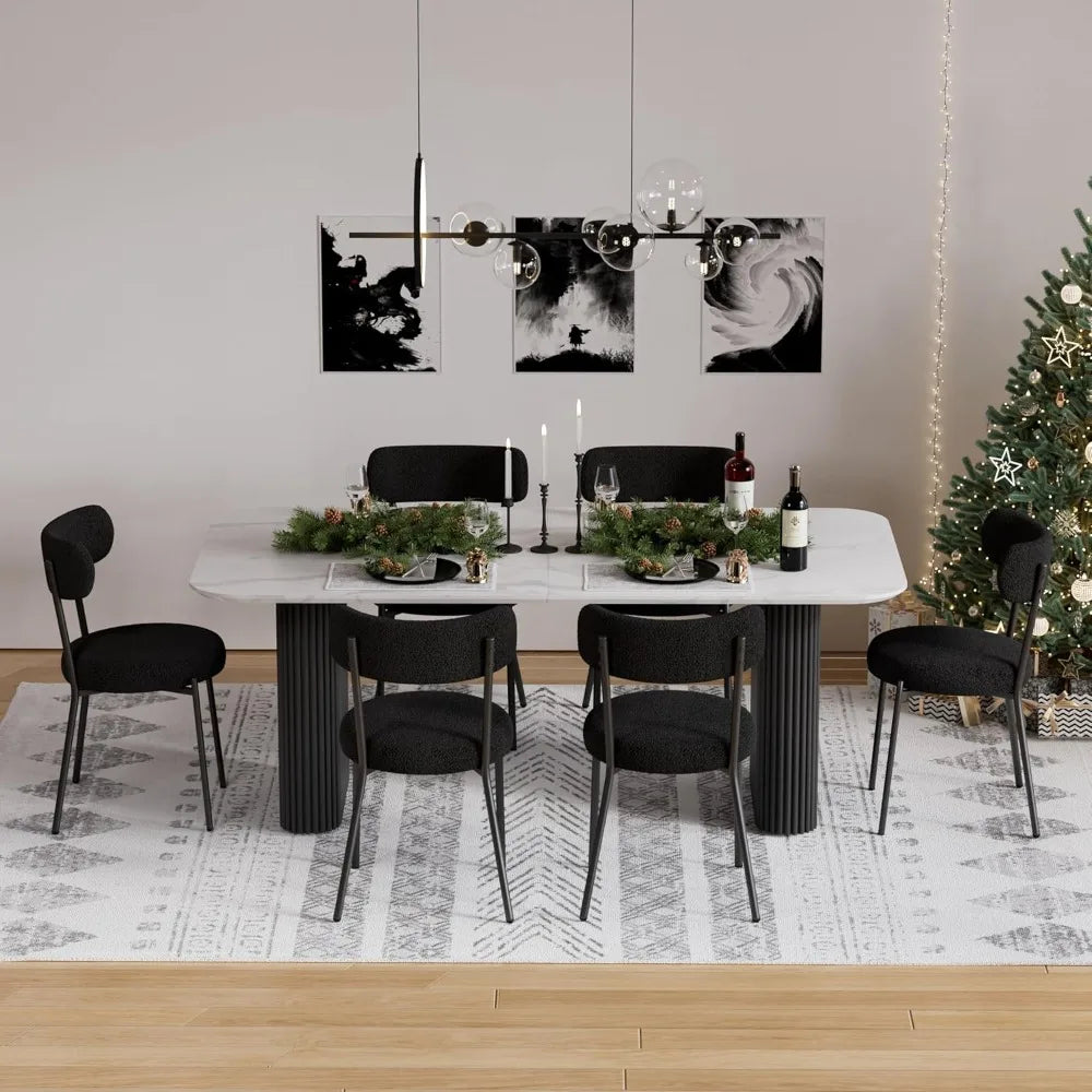Modern Dining Table Set for 6, Faux Marble Dining Table & 6 Black Upholstered Boucle Chairs, 7 Piece Kitchen Table Chairs Set