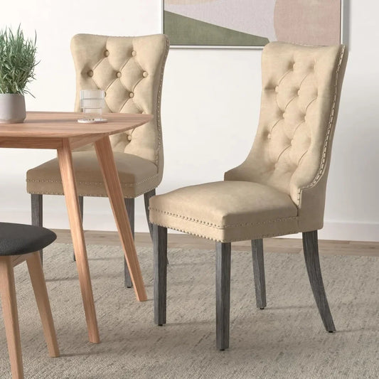 Leather Dining Chairs Set of 6, Upholstered Dining Chair with Nailhead Trim and Solid Wood Legs, Luxury Wingback Dining Side