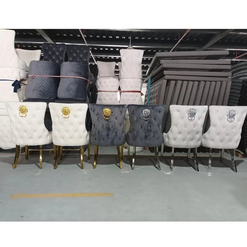 Dining Chairs Modern Luxury Button Tufted Velvet Fabric Lion Knocker Stainless Steel Legs Dining Room Sets of  Dining Chairs