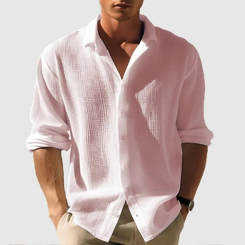 Men's Long-sleeved Shirt Waffle Spring Button Casual Fashion Black Top Street Cardigan 2025 New Blouses for Male