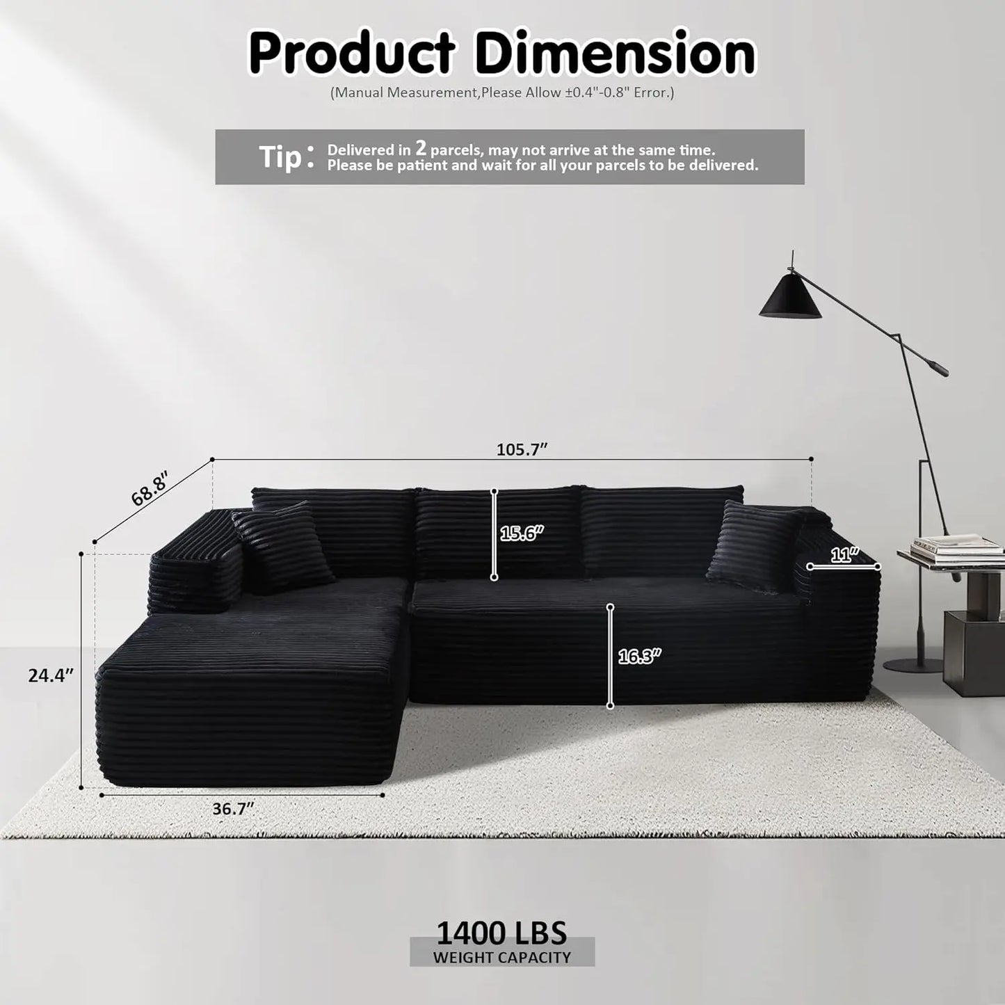 104" Cloud Sectional Couch with L-Shape Chaise,Modern Modular Sofa with Deep Seat, Upholstered Couches ,Black