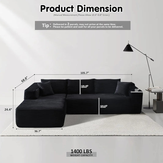104" Cloud Sectional Couch with L-Shape Chaise,Modern Modular Sofa with Deep Seat, Upholstered Couches ,Black
