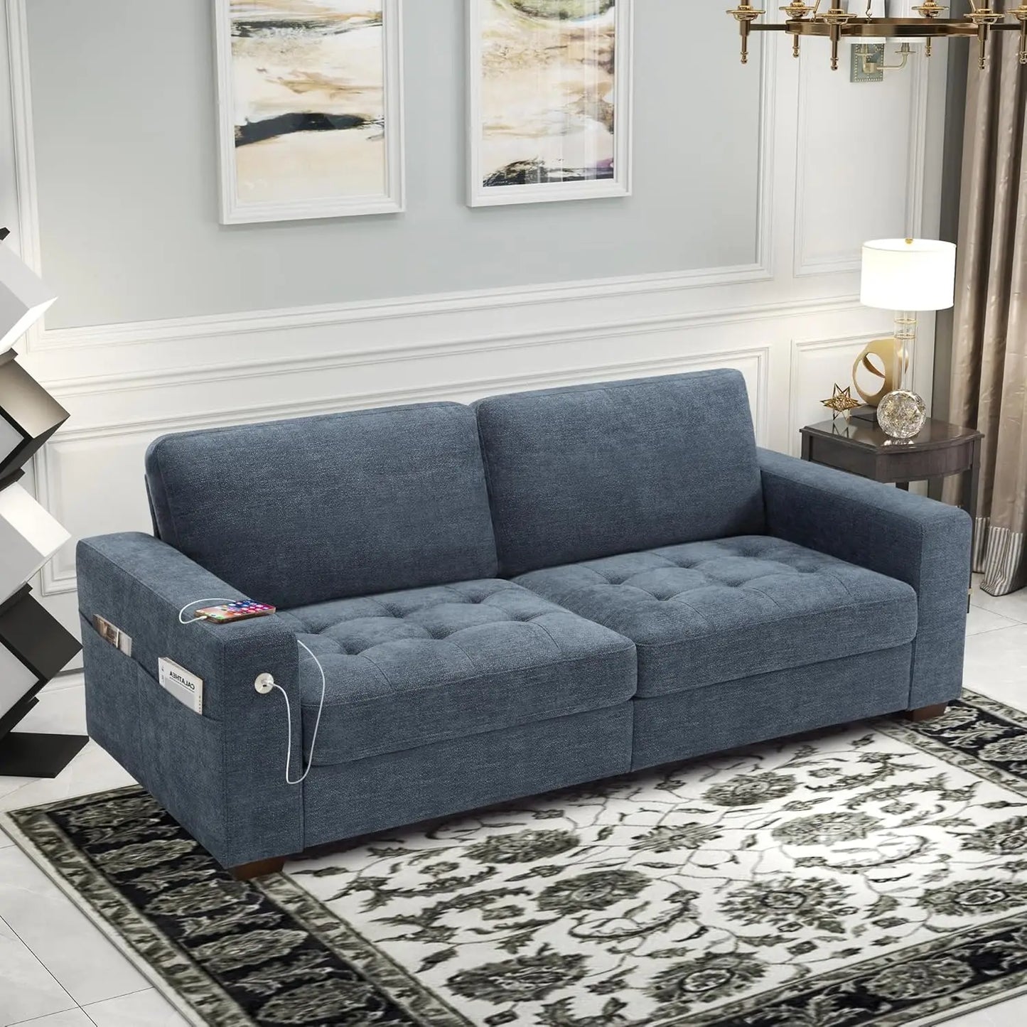 89" Modern Sofa for Living Room Apartment 3 People Seat, Deep Seat & Wide Armrest Chenille Sofa Couch with USB/Type-