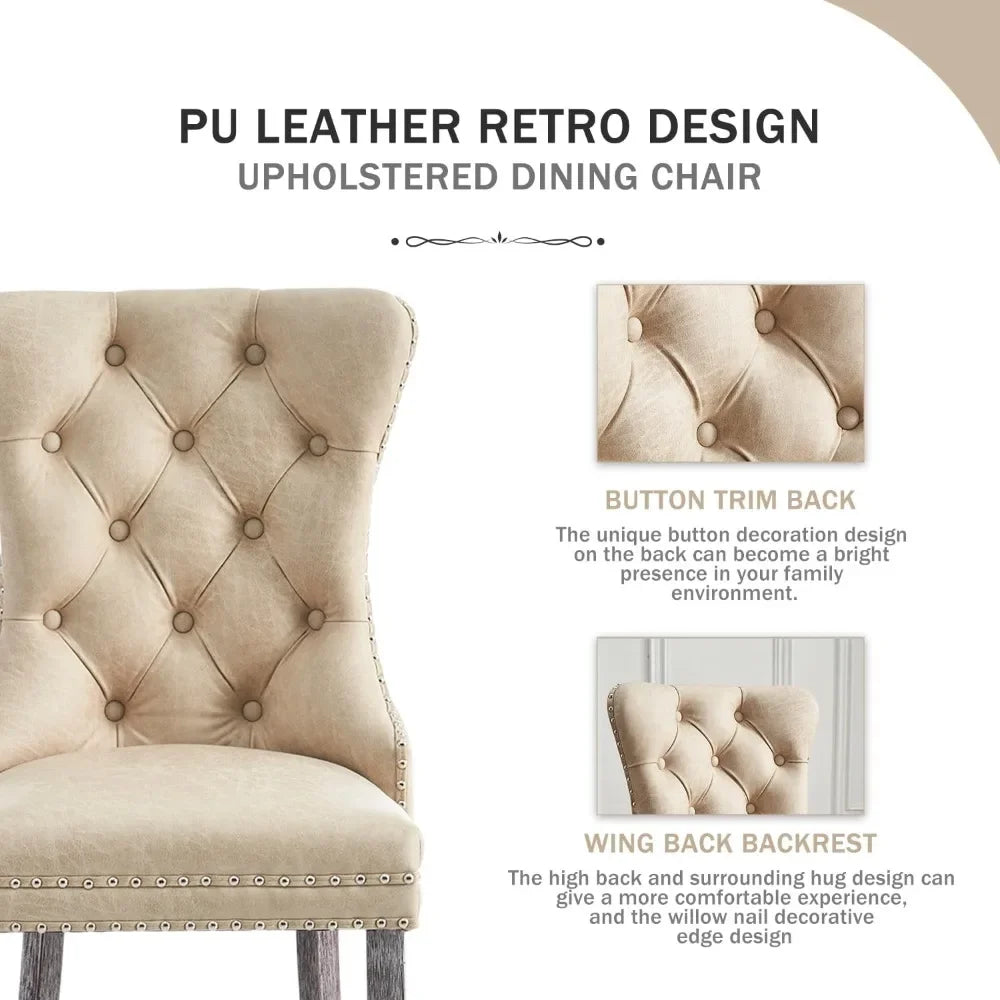 Leather Dining Chairs Set of 6, Upholstered Dining Chair with Nailhead Trim and Solid Wood Legs, Luxury Wingback Dining Side