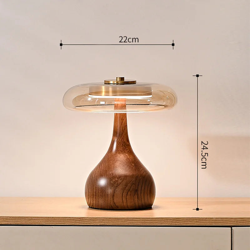 12W Lamp Luxury Copper Desktop LED Designer Wood Glass Desk Lamp For Bedroom Bedside Home Decorative Mushroom Night Table Light