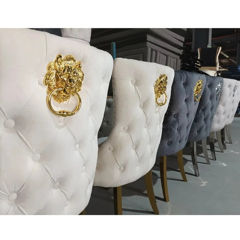 Dining Chairs Modern Luxury Button Tufted Velvet Fabric Lion Knocker Stainless Steel Legs Dining Room Sets of  Dining Chairs