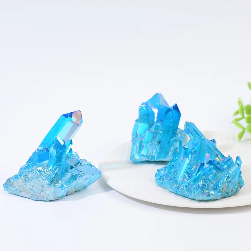 Sky Blue Quartz Natural Stones Electroplating Titanium Crystal Cluster Stone Specimens Cured Coating Healing Crystals Home Decor