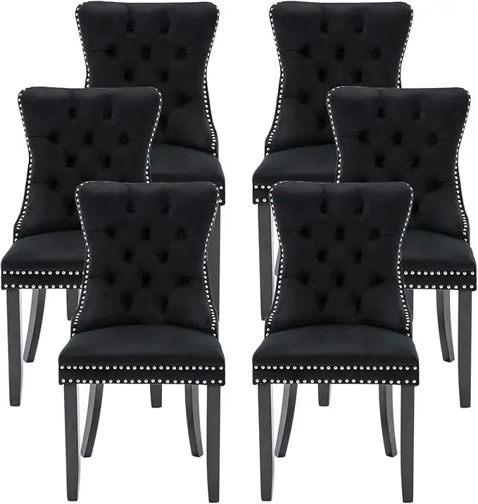 Leather Dining Chairs Set of 6, Upholstered Dining Chair with Nailhead Trim and Solid Wood Legs, Luxury Wingback Dining Side