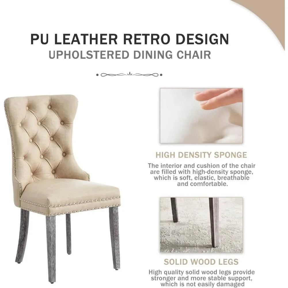 Leather Dining Chairs Set of 6, Upholstered Dining Chair with Nailhead Trim and Solid Wood Legs, Luxury Wingback Dining Side