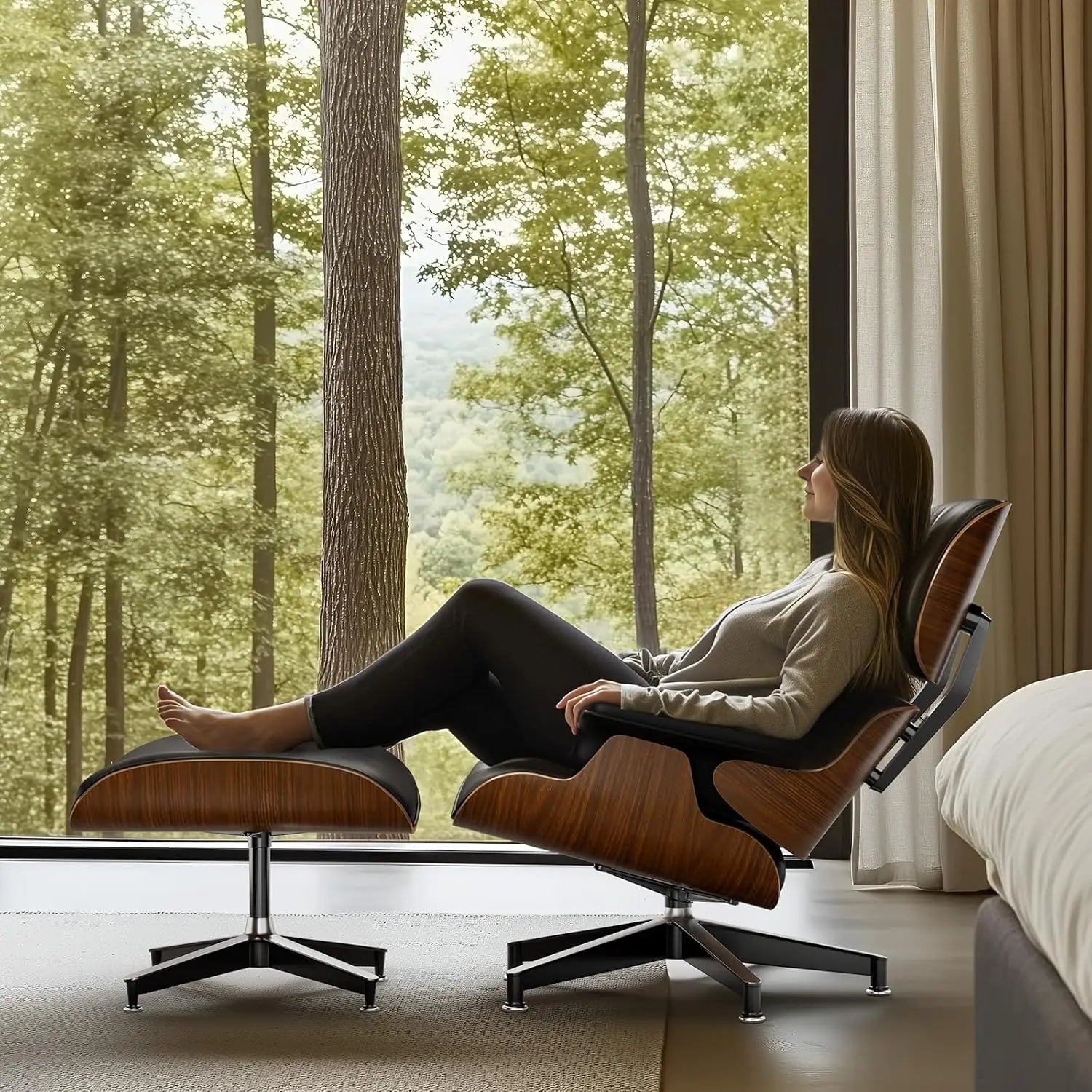 Black PU Leather, Chaise Lounge Chair and Ottoman