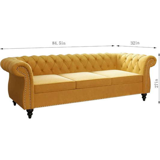 Chesterfield Sofa Velvet, Modern Tufted Couch 3 Seater with Rolled Arms and Nailhead for Living Room, Bedroom, Office, Apartment
