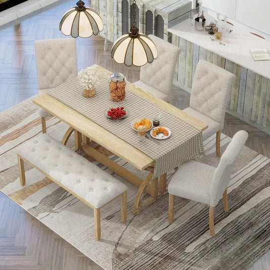 6 Pieces Wood Dining Table Set with Bench, Retro Rectangular Table with Unique Legs and 4 Upholstered Chairs & 1 Bench