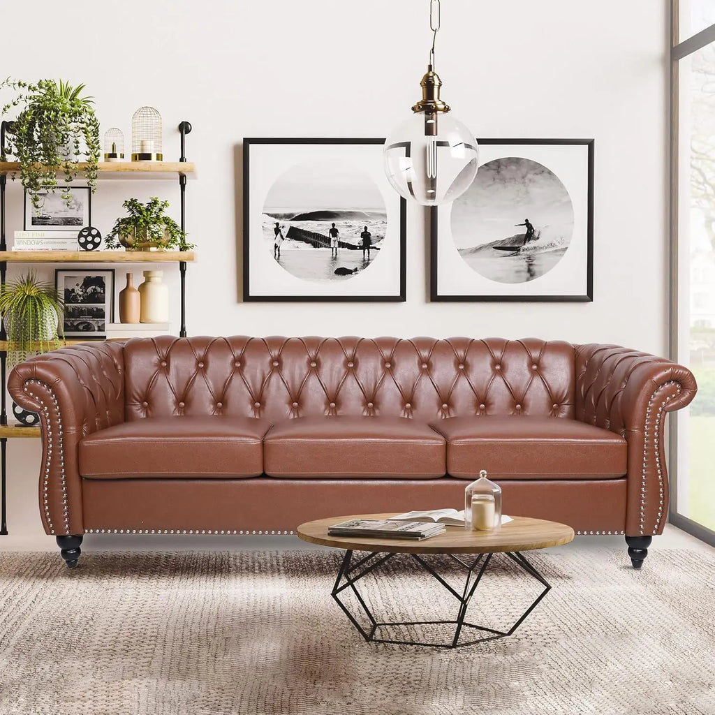Velvet Tufted Rolled Arms and Nailhead Sofa