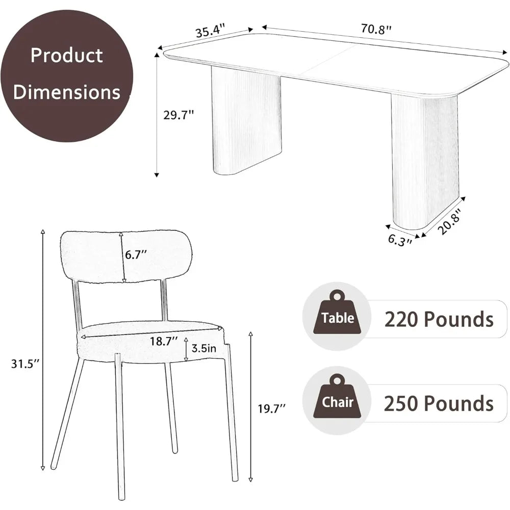 Modern Dining Table Set for 6, Faux Marble Dining Table & 6 Black Upholstered Boucle Chairs, 7 Piece Kitchen Table Chairs Set