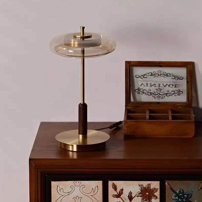 12W LED Copper Table Lamp Brightness Adjustable Living Room Study Bedside Night Light Brass Walnut Medieval Mushroom Desk Light