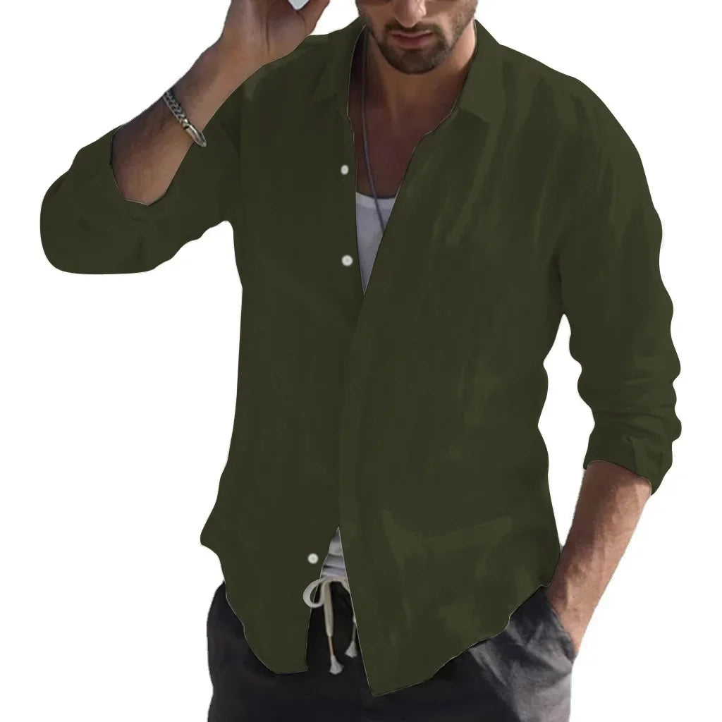 Men Summer New Solid Linen  Long Sleeve Casual Shirt Single Breasted Collar Cotton Linen Lapel Tops Simplicity Long Sleeve Shirt