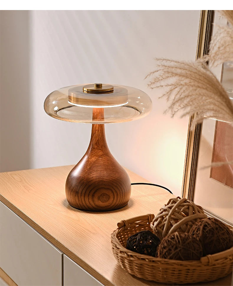 12W Lamp Luxury Copper Desktop LED Designer Wood Glass Desk Lamp For Bedroom Bedside Home Decorative Mushroom Night Table Light