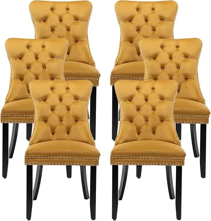 Leather Dining Chairs Set of 6, Upholstered Dining Chair with Nailhead Trim and Solid Wood Legs, Luxury Wingback Dining Side