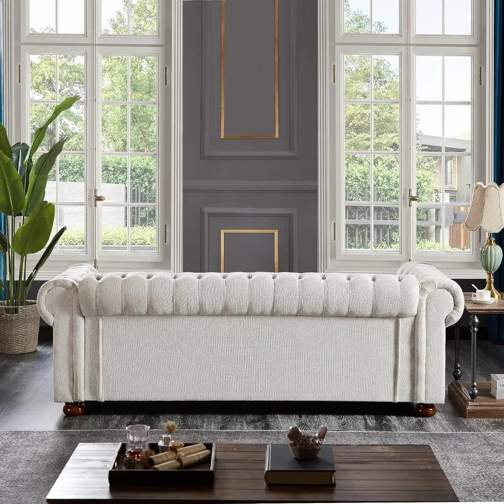 Chesterfield Sofa, 89" Mid Century Modern Couch with Low Back, Roll Arm Nailhead Trim Classic 3 Seater Couch for Living Room, Of