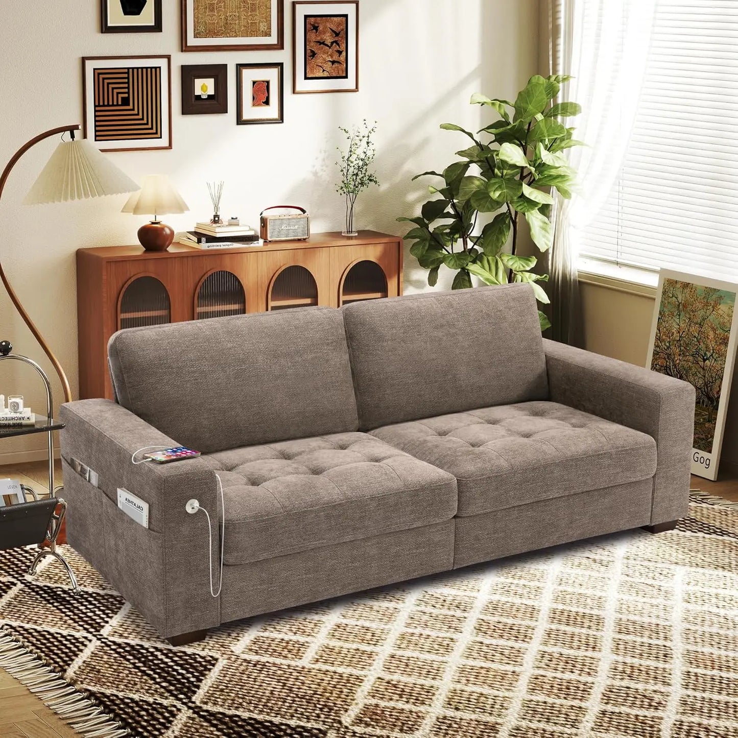 89" Modern Sofa for Living Room Apartment 3 People Seat, Deep Seat & Wide Armrest Chenille Sofa Couch with USB/Type-